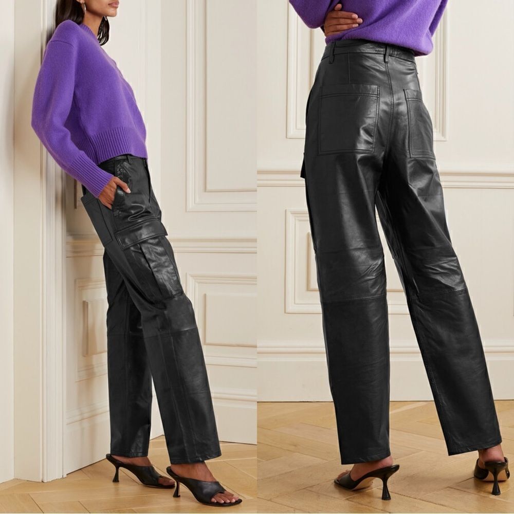 NWT Grlfrnd Gianna Leather Cargo Black Pants Straight Leg Size S